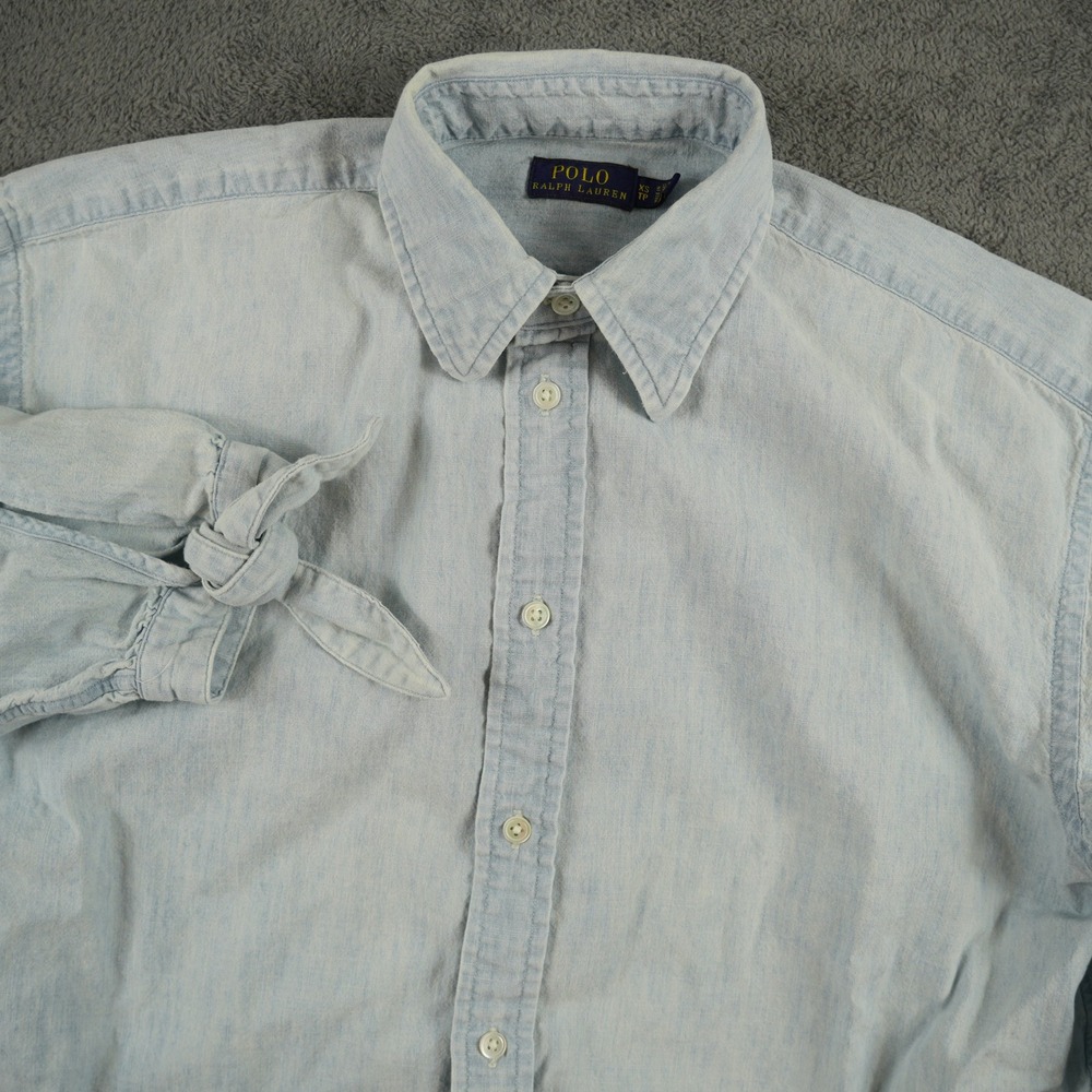 Polo Ralph Lauren Shirt Women XS Light‎ Blue Tie Sleeve Denim Button Up Casual